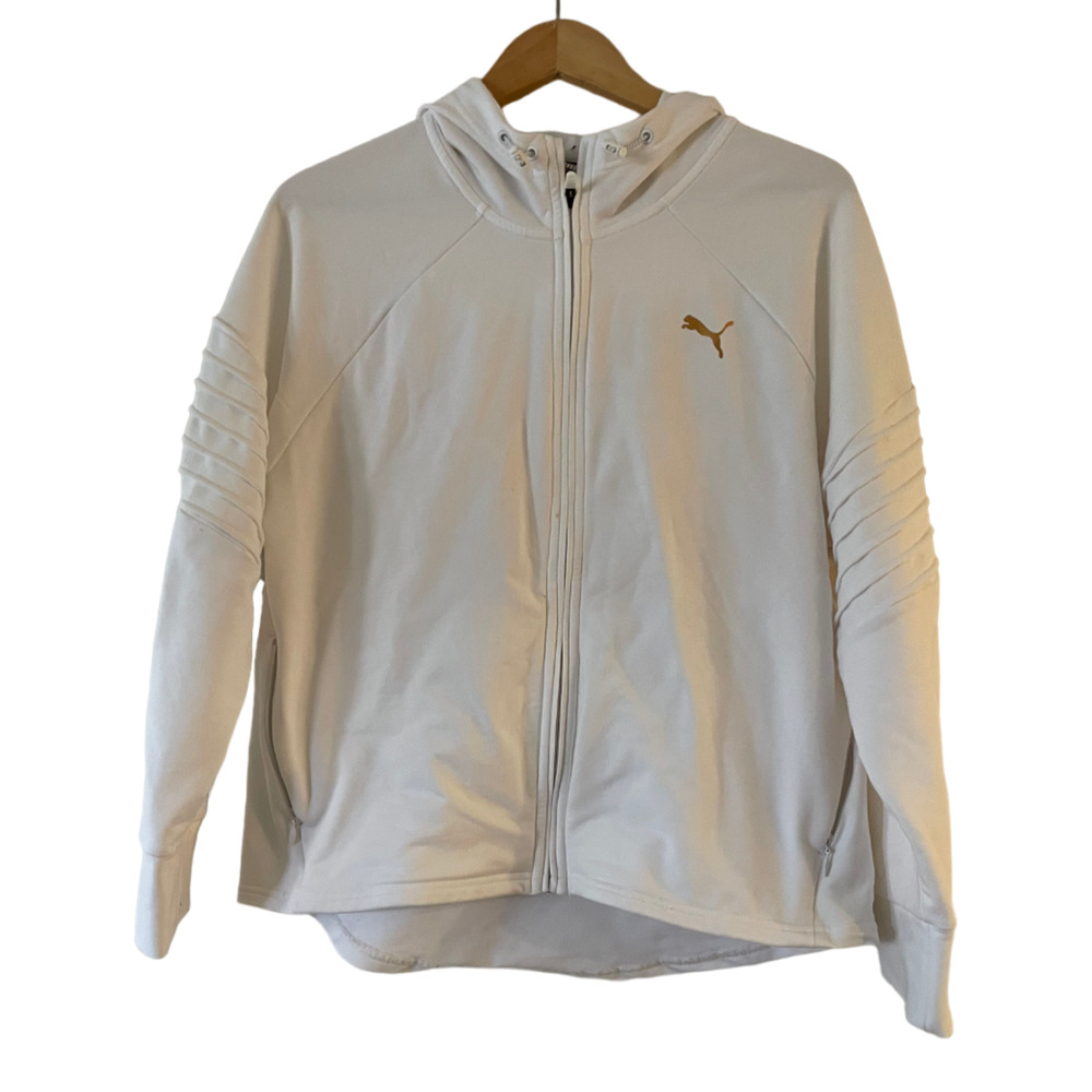 Puma Women's Full-Zip Hoodie Sweatshirt Large White Logo Pintuck Raglan Sleeve